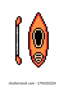 Orange kayak and a paddle, pixel art icon isolated on white background.  Water sport pictogram. Travelling equipment symbol. 8 bit old school vintage retro slot machine/video game graphics.