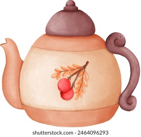 Orange kettle drawing with autumn leaves pattern