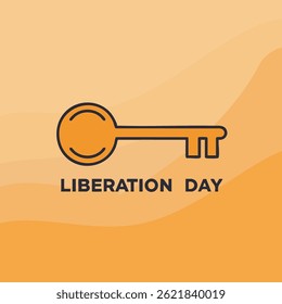 An orange key icon with a black outline, set against an orange background, with "Liberation Day" text.