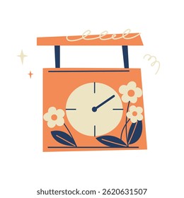 Orange kitchen scale with decorative flowers. Flat hand drawn illustration for culinary content, healthy eating, kitchen decor, and baking designs