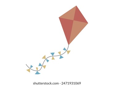 Orange kite with blue and yellow string and bows.