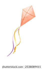 Orange kite with colorful ribbons. Watercolor vector  illustration