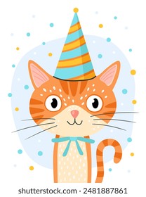 Сute orange kitten in a festive cap. Red tabby cat. Light blue and white background, multicolored confetti. Birthday card. Cute cartoon illustration.