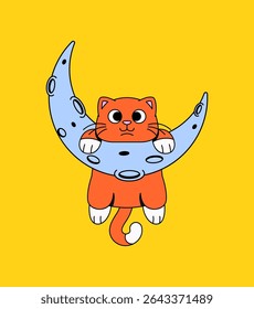 Orange kitten sitting calmly on a blue crescent moon, in cartoon vector perfect for nursery prints, kids’ room decor, bedtime themes, and pet-themed illustrations