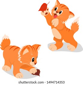 Orange kittens playing autumn leaves. Illustration in cartoon style.