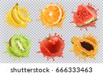 Orange, kiwi fruit, banana, tomato, watermelon, papaya juice. Fresh fruits and splashes, 3d vector icon set.