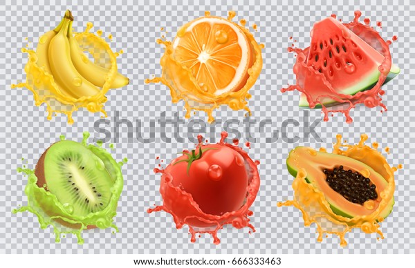 オレンジ キウイフルーツ バナナ トマト スイカ パパヤジュース 新鮮な果物とスプラッシュ 3dベクター画像アイコンセット のベクター画像素材 ロイヤリティフリー