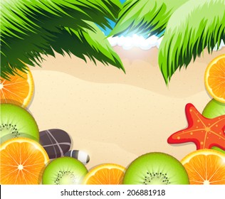 Orange and kiwi slices on a background of the sea coast with starfish and pebbles