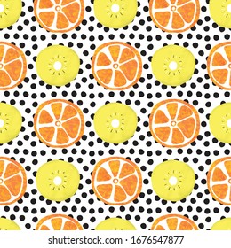 Orange and kiwi slices seamless vector pattern. Abstract summer fruit background with black polka dots on white.