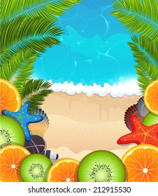 Orange and kiwi slices with starfish, cockleshell and pebbles on a tropical sea background