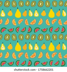 Orange, kiwi, watermelon, pear slice on cyan background, seamless summer vector pattern. Fruit juicy vector print for apparel. fabric, textile, wrapping paper. EPS10, editable