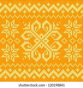 Orange knitted ornamental embroidery seamless pattern with abstract flower and stars
