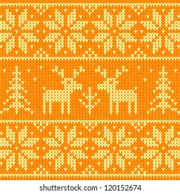 Orange knitted sweater with deer seamless pattern