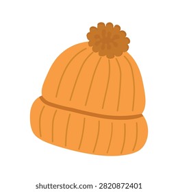 Orange knitted winter hat with pompom. Warm woolen cap for cold weather and autumn or winter season fashion illustration. Flat vector icon isolated on white background