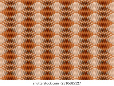 Orange knitting seamless patterns. Vector illustration of knitted plaid texture from squares. Abstract geometric handmade background for blankets, sweaters, clothes.