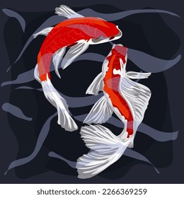 Pescado de koi naranja sobre un fondo azul con olas. Antecedentes asiáticos, diseño de fondo con un patrón abstracto de estilo japonés oriental con peces koi. Los carpas nadan en el agua. Cartel, volante