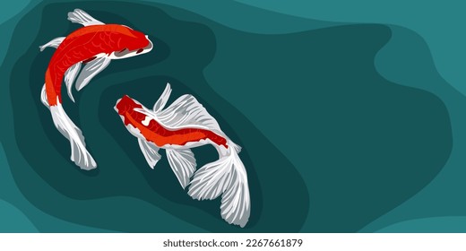 Pescado de koi naranja sobre fondo azul con profundidad simulada. Antecedentes asiáticos, diseño de fondo con un patrón abstracto de estilo japonés oriental con peces koi. Los carpas nadan en el agua. Cartel, volante