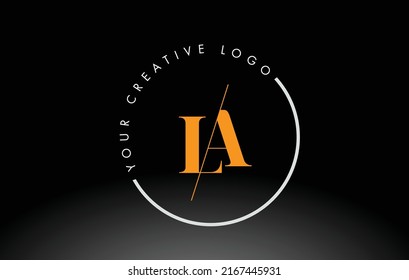 Orange LA Letter Logo Design with Creative Intersected and Cutted Serif Font.