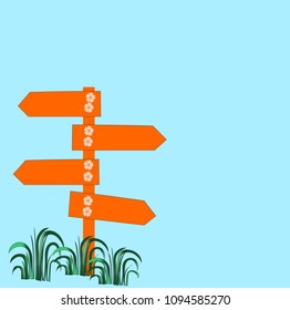 Orange label with green grass on blue background for text ,card,flame.Illustration vector.