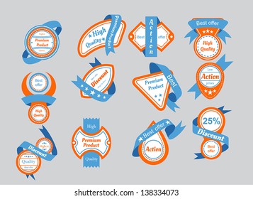 orange labels with blue ribbons