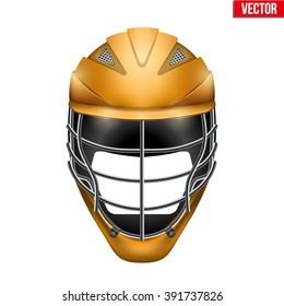 Orange Lacrosse Helmet Front View. Sport goods and equipment. Vector Illustration isolated on white background.