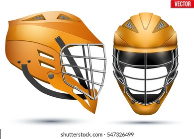 Orange Lacrosse Helmet Set. Front and Side View. Sport goods and equipment. Vector Illustration isolated on white background.