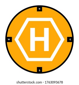 Orange landing pad for drones with direction markings and hexagon, isolated on a white background. High-visibility helipad icon for remotely-operated multicopter aircraft and unmanned aerial vehicles.