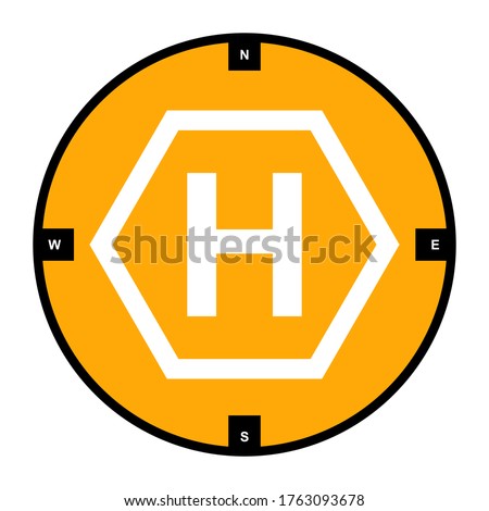 Orange landing pad for drones with direction markings and hexagon, isolated on a white background. High-visibility helipad icon for remotely-operated multicopter aircraft and unmanned aerial vehicles.