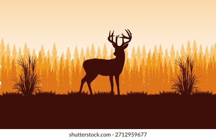 Eine orangefarbene Landschaft mit einer Hirschsilhouette und Pinien. Das Bild schafft eine friedliche und landschaftlich reizvolle Tierwelt