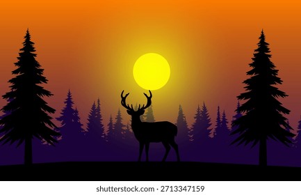 Uma paisagem laranja com uma silhueta de veado, pinheiros e um sol. A imagem cria uma cena pacífica e cênica da vida selvagem