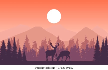 An orange landscape with deer silhouettes, pine trees, and mountains at sunset. The image creates a peaceful and scenic wildlife scene