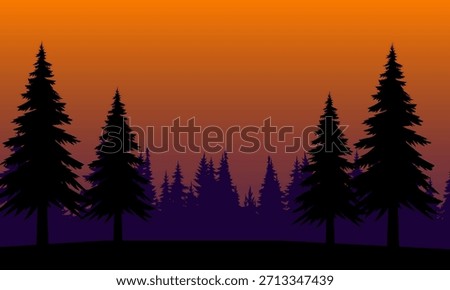 An orange landscape with pine trees. The image creates a peaceful and scenic nature view