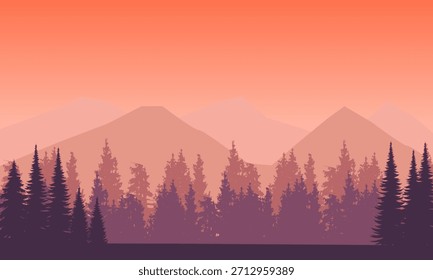 Uma paisagem laranja com pinheiros e montanhas. A imagem cria uma vista tranquila e cênica