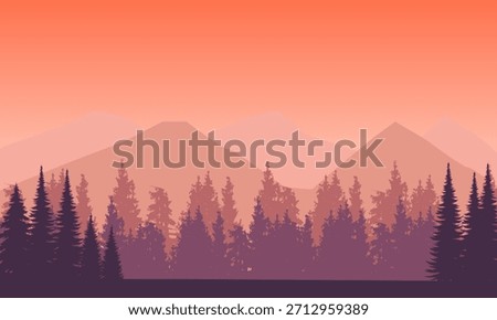 An orange landscape with pine trees and mountains. The image creates a peaceful and scenic view