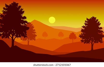 Un paisaje naranja con árboles y montañas al atardecer. La Imagen crea una vista tranquila y panorámica