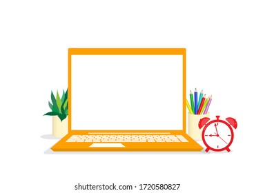Orange laptop with pencil, flower pot, and table clock located on white background. Monitor blank. Front view. Minimal style. Vector illustration.