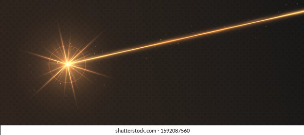 Orange laser beam light effect isolated on transparent background. Neon light ray with sparkles.