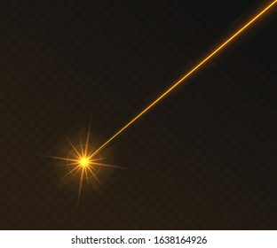 Orange laser beam light effect isolated on transparent background. Neon light ray with sparkles.