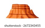Orange layered mesa formation. Desert plateau with horizontal sedimentary bands. Warm earth colors in geometric flat style. Canyon elements. Vector illustration isolated on white background.