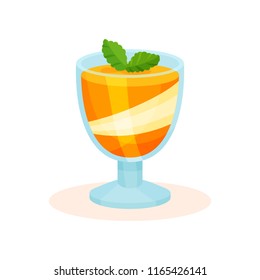 Orange layered mousse in glass cup decorated with mint vector Illustration on a white background