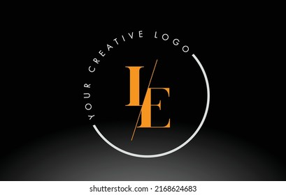 Diseño de logotipo de carta LE naranja con fuente serif cruzada e intersectada creativa.