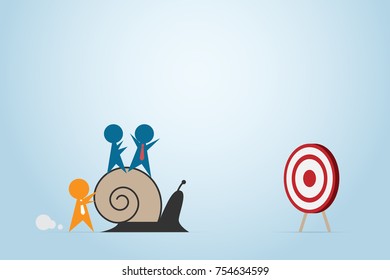 orange leader pushing snail with blue employee faster to dash board, leadership and business concept