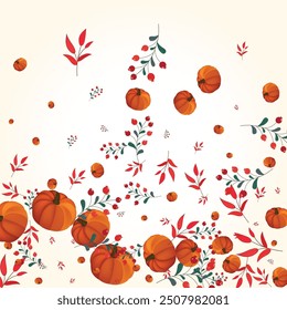 Orange Leaf Background Light Vector. Yellow Vibrant Card. Gold Leaves Cozy Banner. Rowan Pumpkins. Holiday Frame.