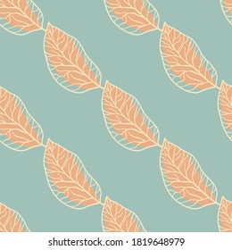 Orange leaf elements seamless hand drawn pattern. Blue background. Minimalistic design. Decorative backdrop for wallpaper, textile, wrapping paper, fabric print. Vector illustration.