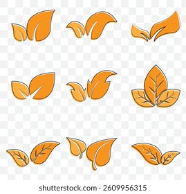 Orange leaf icons set. Leaves icon on isolated background. Collection green leaf. Elements design for natural, eco, vegan, bio labels on Transparent Background Vector illustration EPS 10.