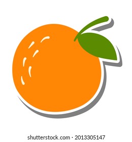 A orange with leaf on white silhouette and gray shadow. Flat style for decorated and any design. Vector illustration about fruit.