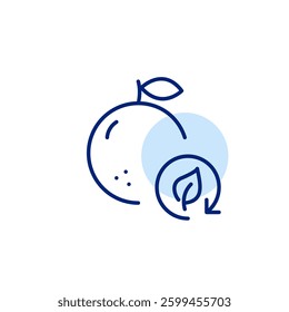 Orange and leaf in recycling arrow. Eco-friendly farming, ethical food and organic fruits and vegetables. Pixel perfect, editable stroke vector icon
