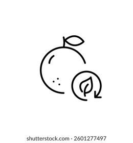 Orange and leaf in recycling arrow. Eco-friendly farming, ethical food and organic fruits and vegetables. Pixel perfect, editable stroke vector icon
