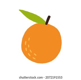 Orange with leaf. Tropical fresh fruit drawn in simple doodle style. Whole exotic citrus icon. Healthy vitamin food. Colored flat vector illustration isolated on white background