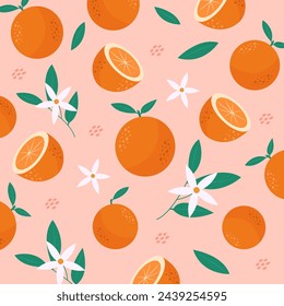 Orange with leafs and flowers pattern. Orange cut in half. Exotic decorative background. Hand-drawn fruit pattern.